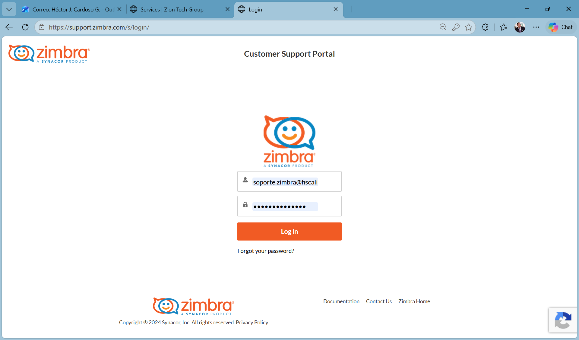 Captura de referencia de la página de acceso al Customer Support Portal de Zimbra.